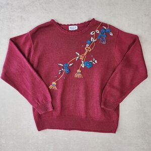 Koret floral Embroidered Burgundy Grandma 80s 90s Large pullover Sweater Vintage